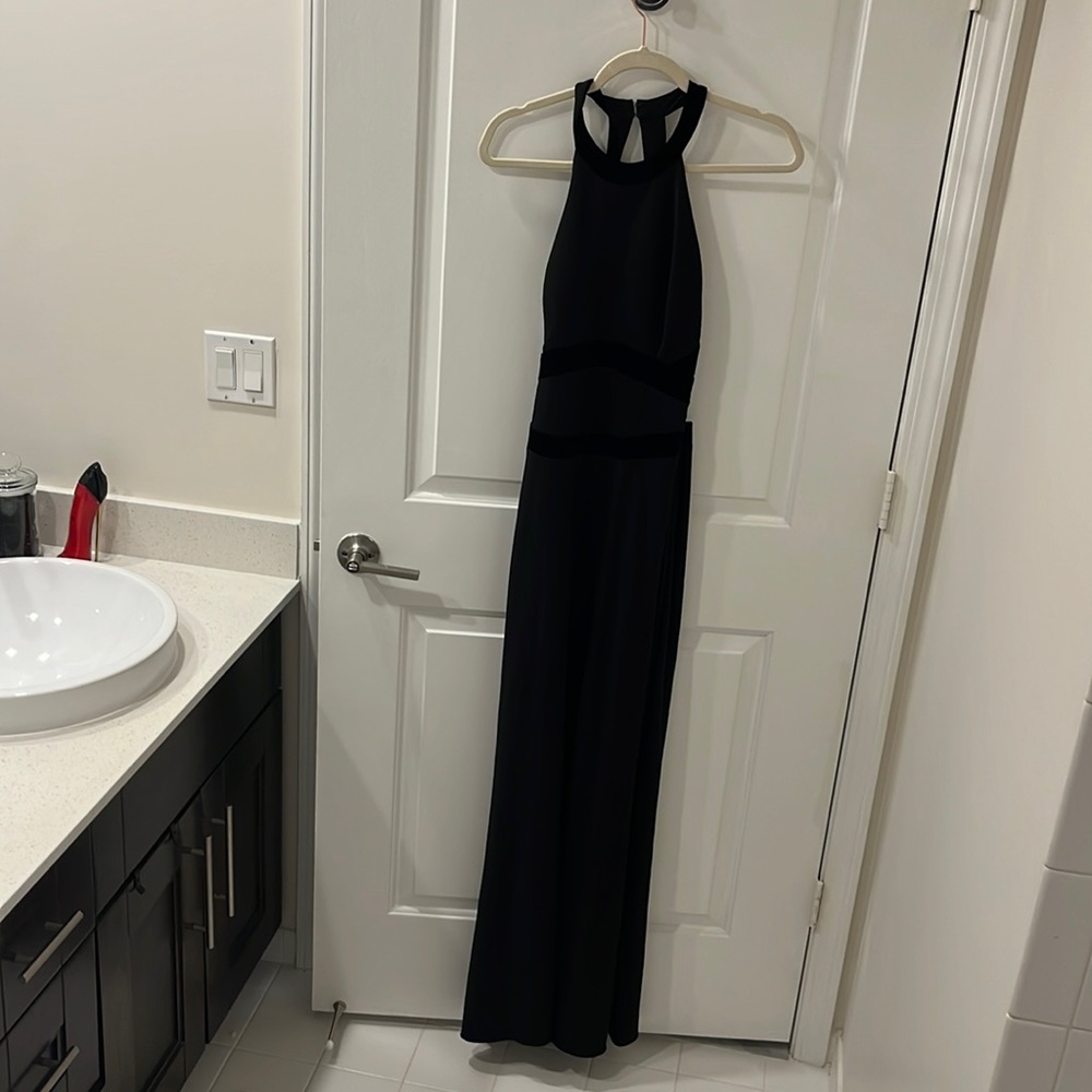Black backless long cocktail dress with velour details